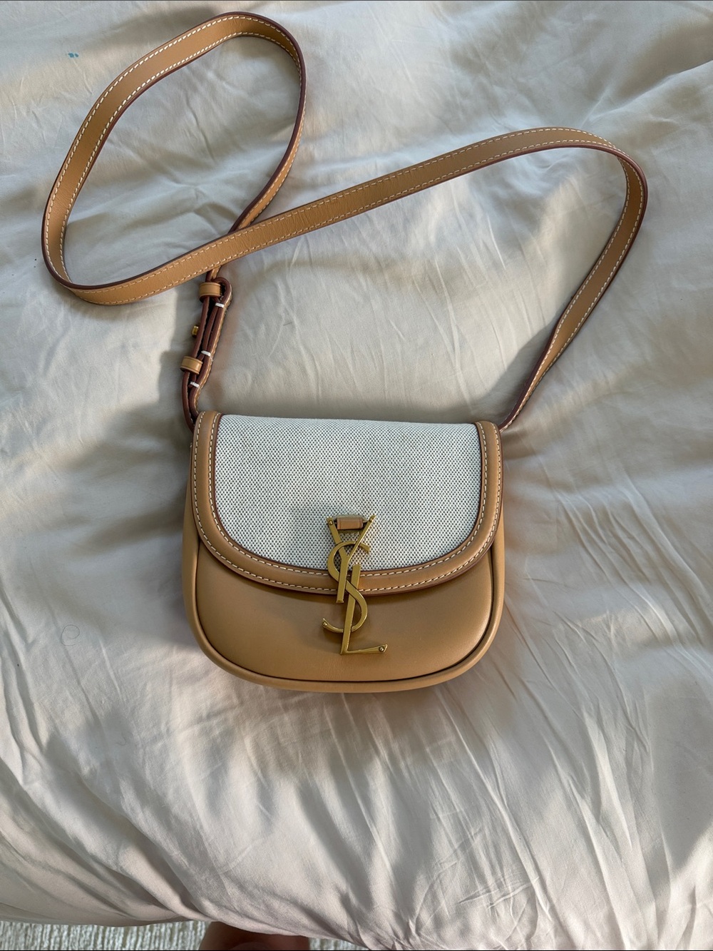 Saint Laurent Tan and Ivory Mini Saddle Bag with Gold YSL Hardware - Picture 1 of 7